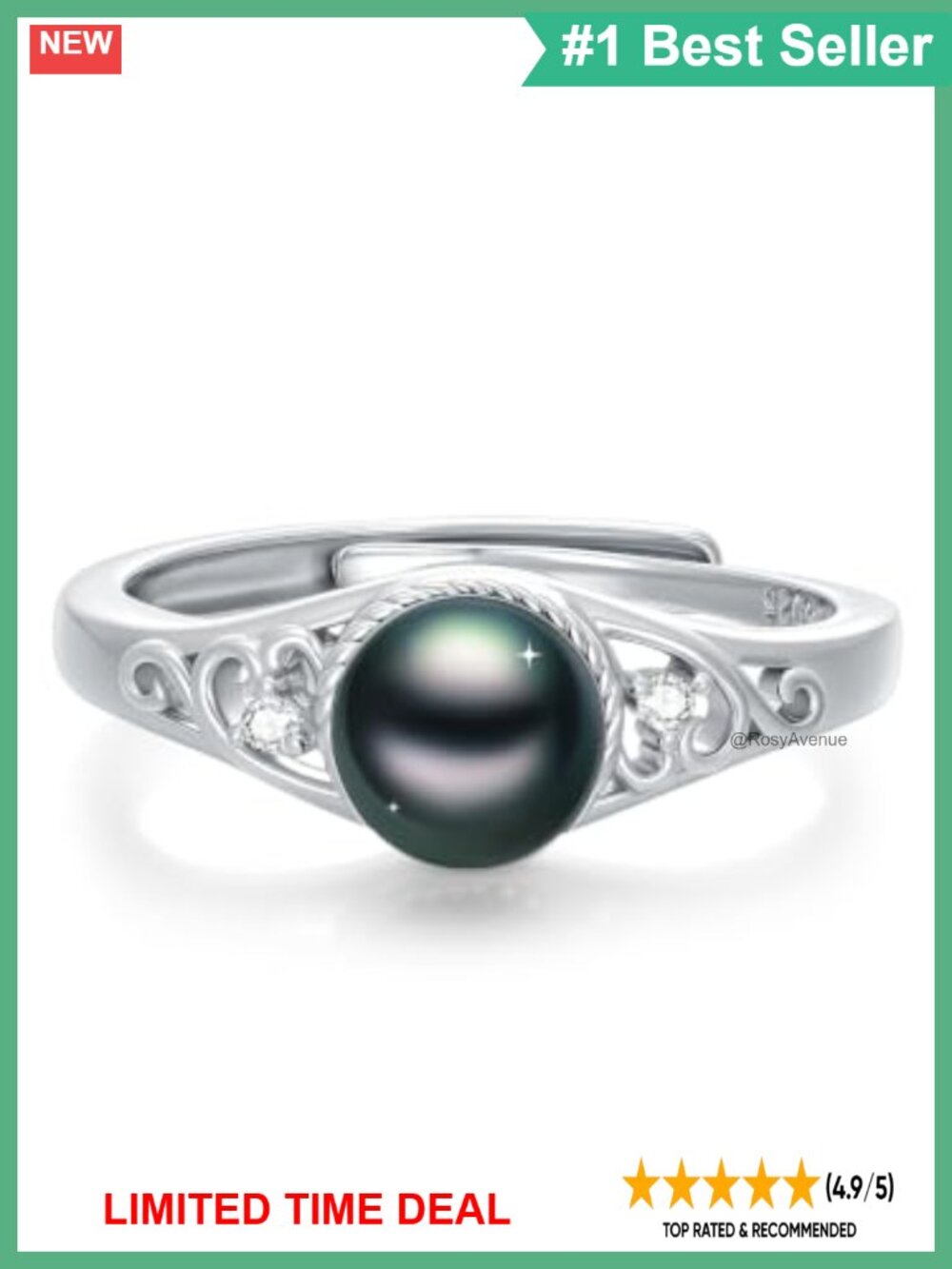 925 Sterling Silver Black Pearl Filigree Ring Adjustable Size 8